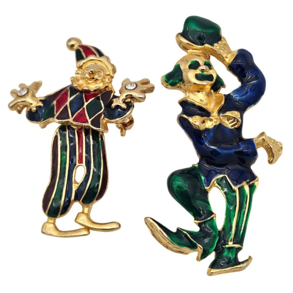 Vintage Clown Brooch Pin Set Articulated Multicolor Enamel Gold-Tone